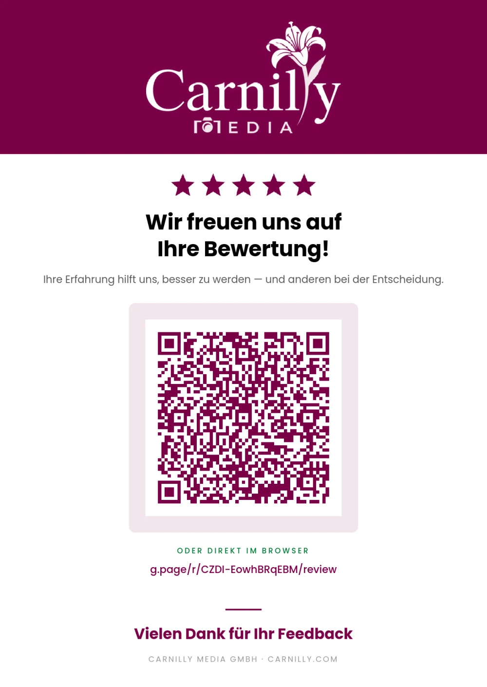 Bewertungskarte von Carnilly mit QR-Code zur Google-Bewertung